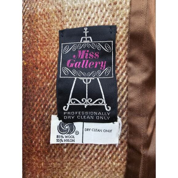 Vtg 70s Miss Gallery Women's S/M Brown & Tan Plaid Retro Wool Trench Coat w/Belt - Picture 4 of 12